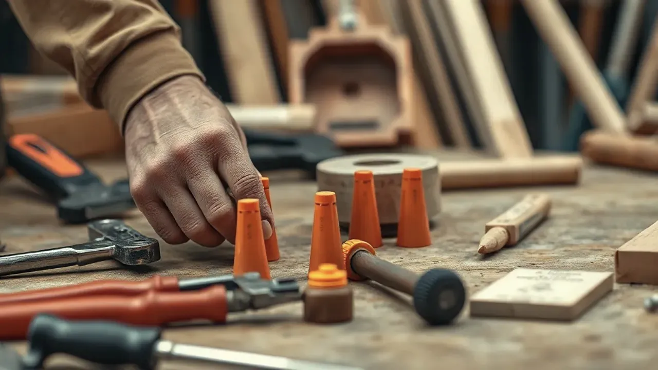 Tools and site markers used in flat-pack furniture assembly